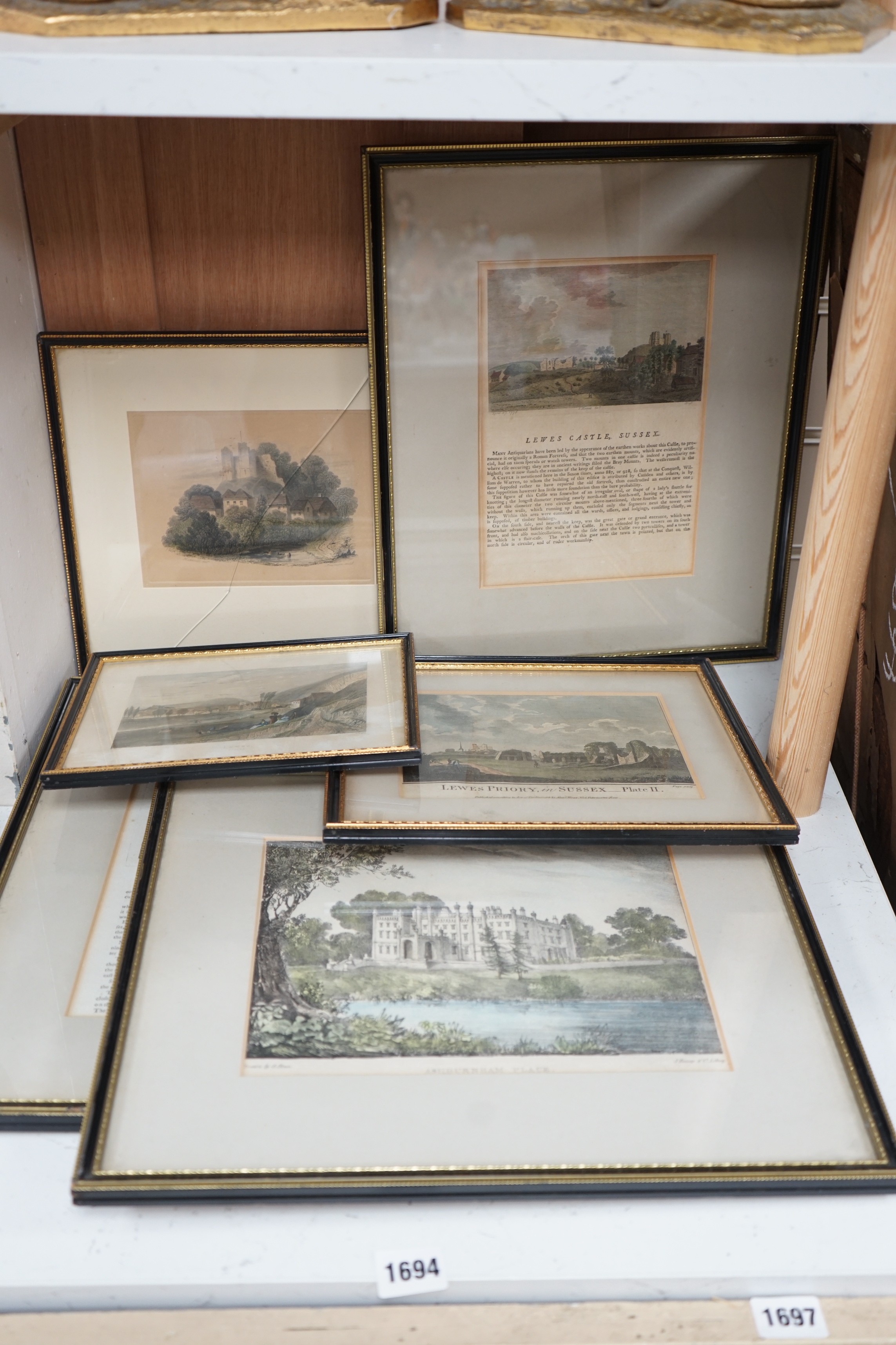 Six assorted 18th / 19th century coloured engraved views of Lewes and environs, largest 18 x 24.5cm